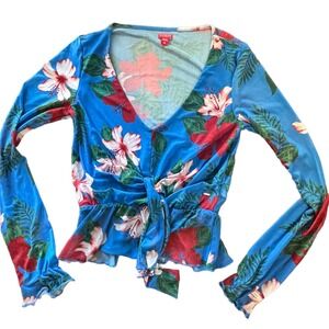Guess Womens Tropical Hibiscus Floral Mesh Front Tie Peplum Top Blue XS Y2K